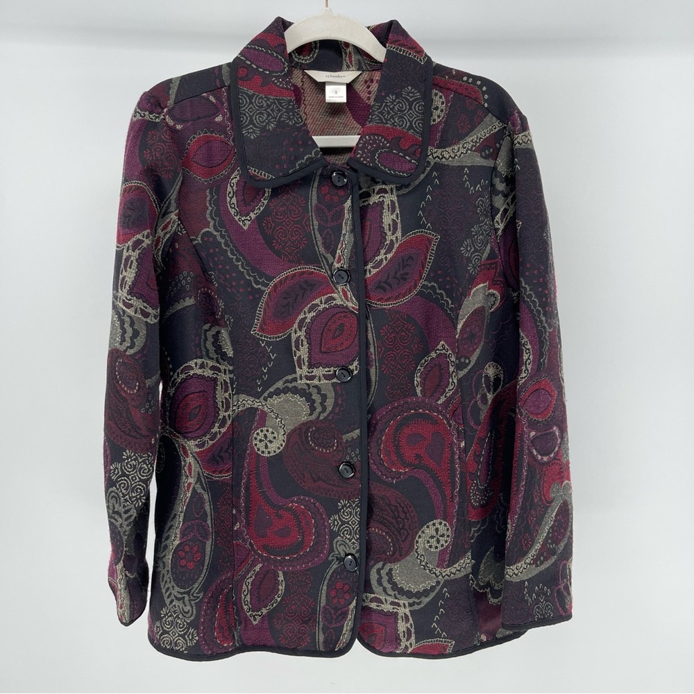 CJ Banks Burgundy Tapestry Print Button Front Jacket, Size X/14W